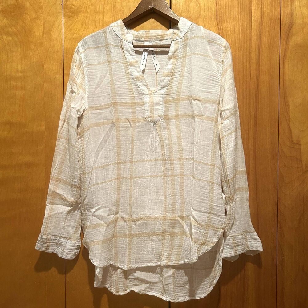 Liverpool White & Beige Plaid‎ Cotton Gauze Popover Blouse-Sz S-Vneck-Beachy